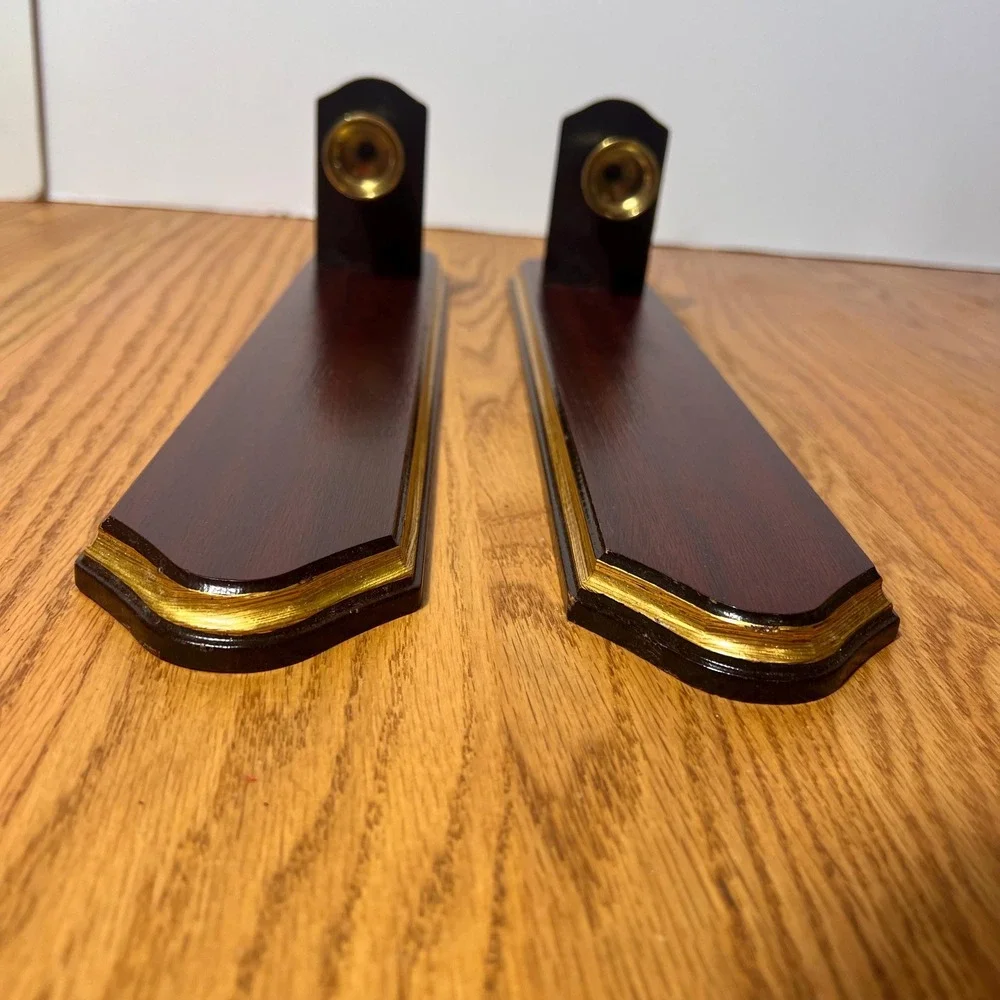 Vintage Pair Wood & Brass Wall Candle Sconces Federal Colonial Traditional Decor